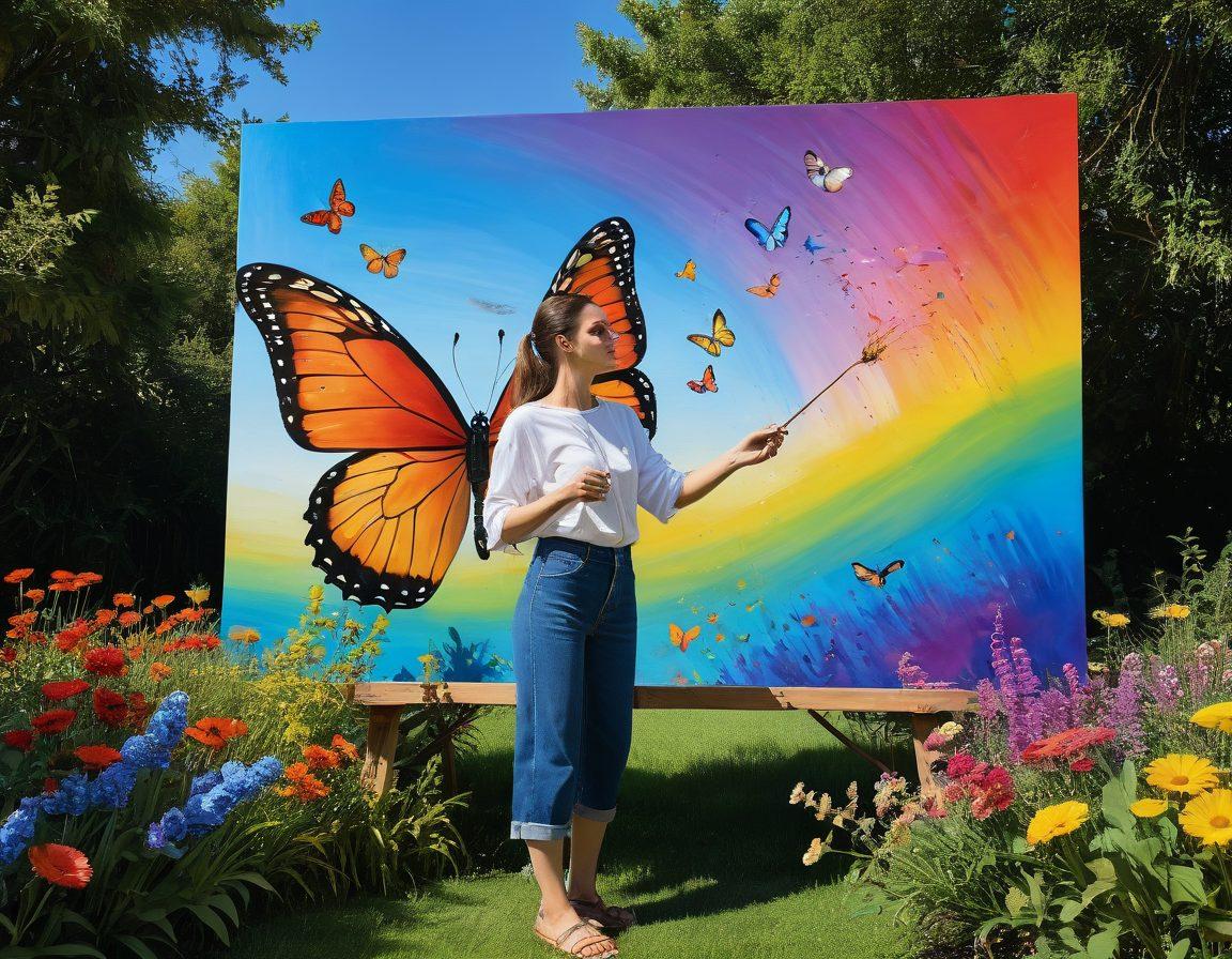 A vibrant scene of an artist joyfully painting on a large canvas, surrounded by lush greenery and blooming flowers. The artist is using eco-friendly materials, with splashes of colorful paint reflecting the hues of nature. Incorporate a playful atmosphere with butterflies fluttering around and a rainbow arcing in the sky. The image should convey a sense of connection between art and the environment, symbolizing sustainability. super-realistic. vibrant colors. 3D.