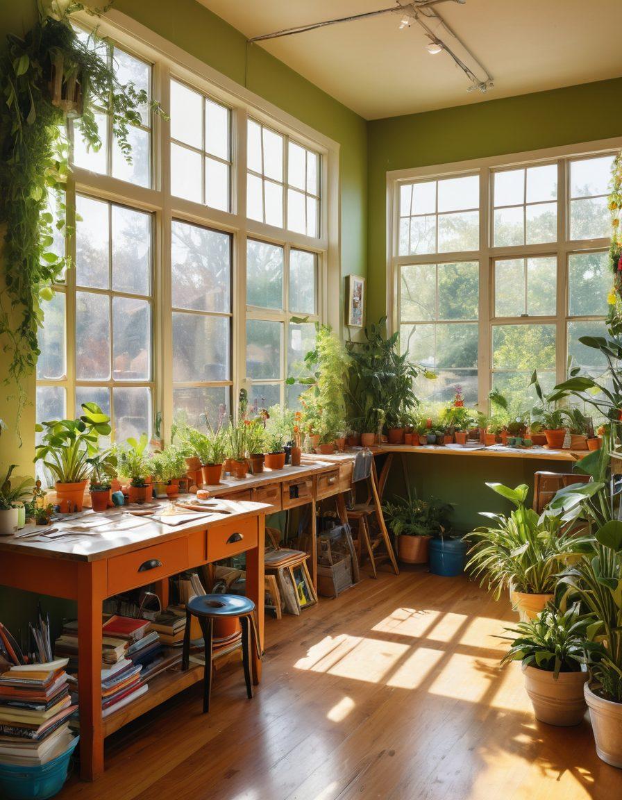 A vibrant scene depicting a colorful artist's studio filled with eco-friendly materials, where a diverse group of people are joyfully creating art from recycled items. Bright sunlight streams through large windows, illuminating cheerful artwork that promotes positivity and environmental consciousness. Include plants and elements of nature to enhance the creative atmosphere. super-realistic. vibrant colors. bright background.
