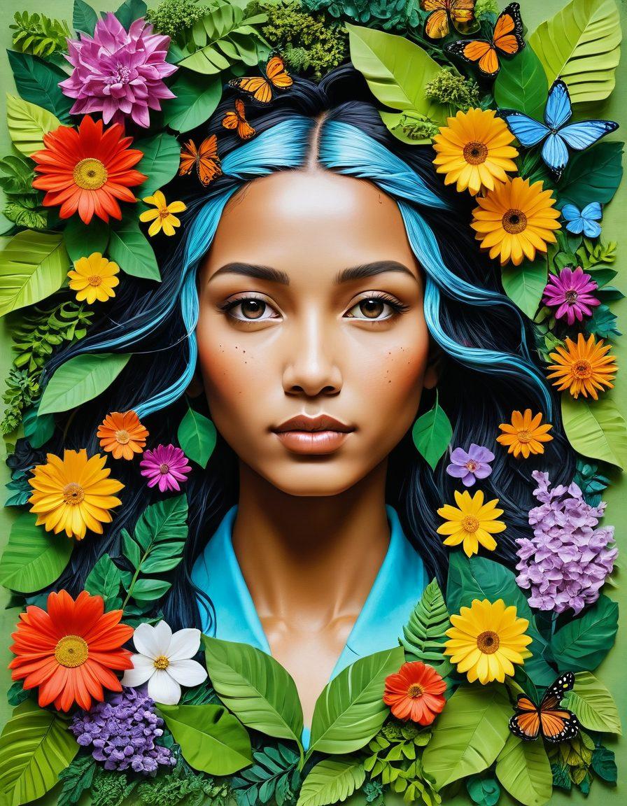 A vibrant collage showcasing various eco-friendly art forms, including recycled sculptures, organic paintings on canvas made from natural materials, and community murals depicting climate action themes. Incorporate lush greenery and blooming flowers in the background, symbolizing nature's beauty and fragility. Include diverse artists in the process of creating their works, emphasizing collaboration for a sustainable future. Create a hopeful and inspiring atmosphere. super-realistic. vibrant colors. nature-inspired.